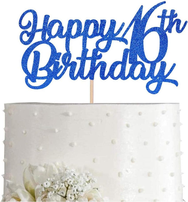 Blue Happy 16th Birthday Cake Topper, Royal Blue Glitter Cheers To 16 Years Party Cake Decorations