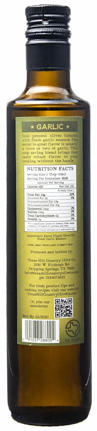 Country (16.9 oz) Texas Hill Olive Co Garlic Infused Olive Oil - Cold Pressed Gourmet EVOO Olive Oil - Great