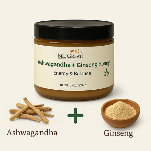 Bee Great 8 oz Ashwagandha & Ginseng Honey, Raw Honey with Adaptogens, Mild Herbal Flavor, Tea & Smoothie Sweetener