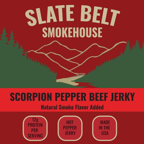 2.5 Slate Belt Smokehouse Scorpion Pepper Jerky, Spicy Beef Jerky with Heat Ounce