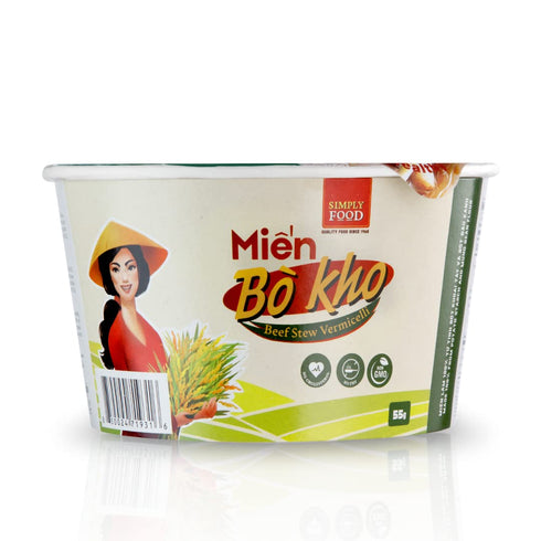 9 55g SIMPLY FOOD Instant Vietnamese Beef Stew Glass Noodles (Min B Kho T) - BOWLS/ each Delicious, Clear Glass