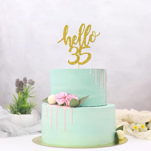 Hello 35 Cake Topper – 35th Birthday / Anniversary Party Decoration Supplies (Gold, Hello 35)