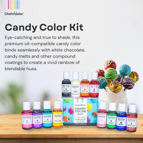 12 Set 0.64 oz Chefmaster Bottle of Candy Colors, True-Tone Shades, Oil-Based, Professional-Grade Dye, Chocolate