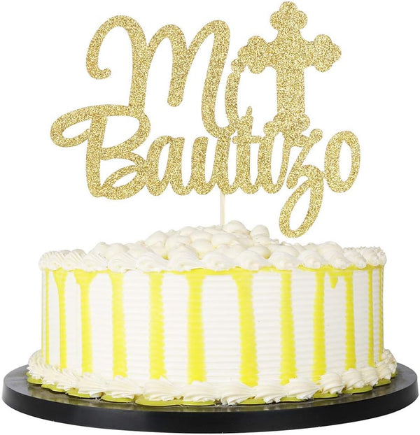 PALASASA Gold Glitter Mi Bautizo Cake Topper, Religious God Bless Me Cross Cake Décor for Baby Shower