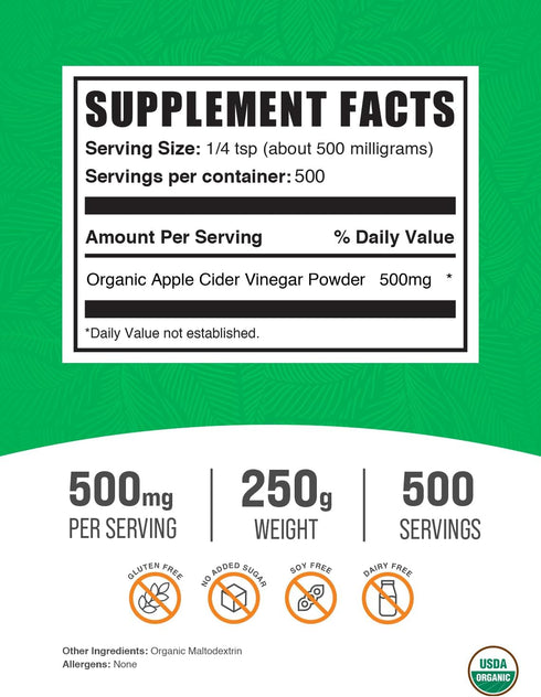 500mg 250g (8.8 oz) (Pack 1) BulkSupplements.com Organic Apple Cider Vinegar Powder - Apple Cider Vinegar Supplement