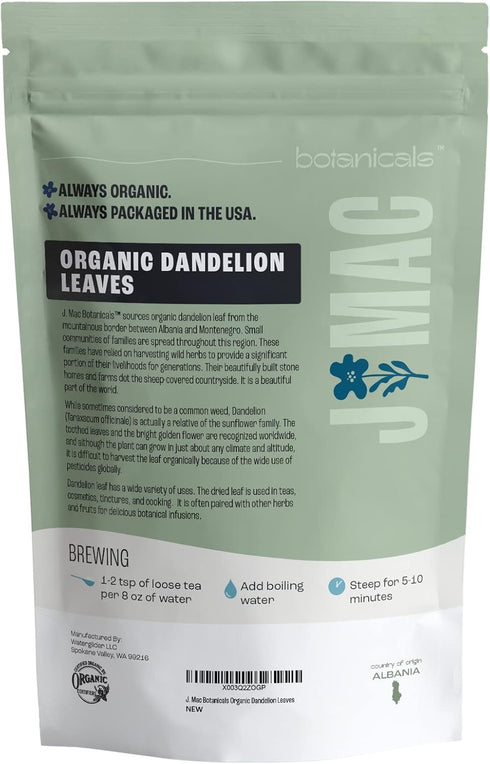 J Mac Botanicals, Organic Dandelion Leaves (4oz bag) USDA Certified Organic Dandelion Leaf Tea, Cut and Sifted