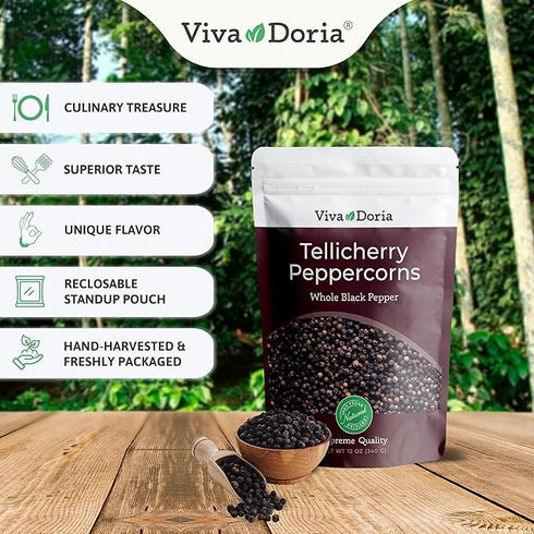 12 Oz 2 lb, (2 Set) Viva Doria Tellicherry Black Peppercorn, Whole Black Pepper, Black Peppercorns, and Mediterranean