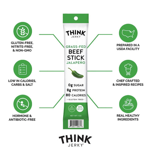 1.0 oz 10 Pack Think Jerky Jalapeno Beef Sticks, Gluten and Sugar Free, No Nitrates, Keto Paleo Friendly High Protein
