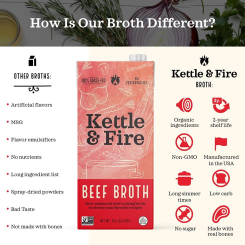 Kettle and Fire Beef Cooking Broth, Keto, Paleo, Gluten Free, High Protein & Collagen, 4 Pack (32 Ounces)