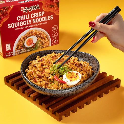 (24 Packs) 11g A-Sha Squiggly Noodle with Chili Crisp Drizzle and Rich Soy Sauce | of Protein | Premium Air Dried Never
