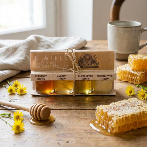 Set, 1.3 oz Pack 4 ARTIGIANI DEI SAPORI - Mini Honey Gift "Il Miele", each, Zagara, Milli flower, Chestnut, Eucalyptus