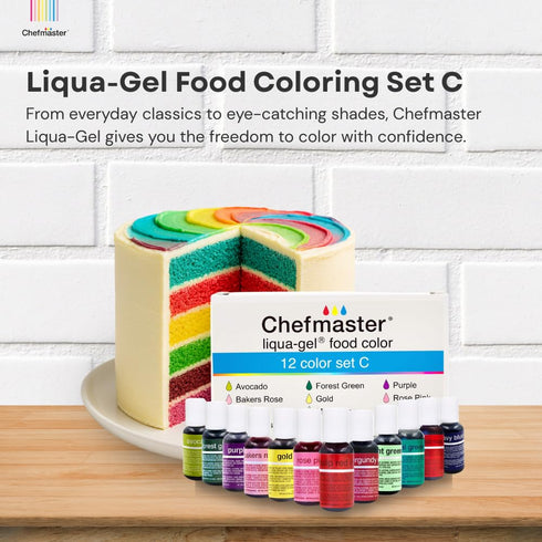12 Set 12 Pack Chefmaster - Liqua-Gel Food Coloring - Color C - Fade Resistant - - Vibrant, Eye-Catching Colors
