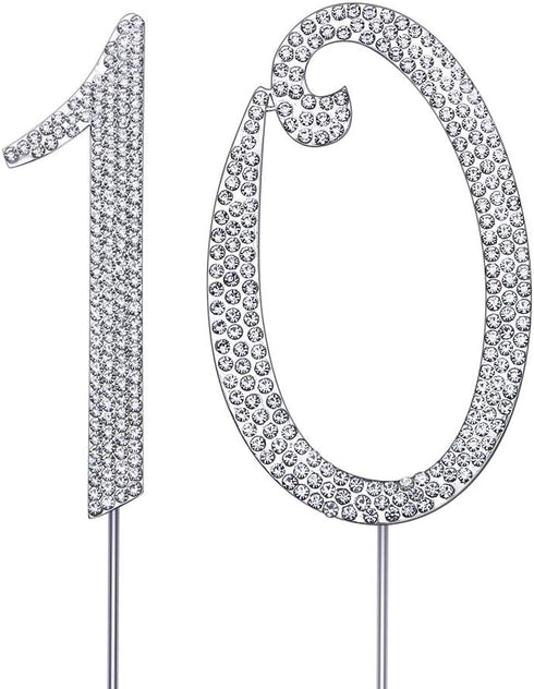 MAGJUCHE Silver 10" Crystal Cake Topper, Number 10 Rhinestones for 10th Birthday or Anniversary Party Decoration