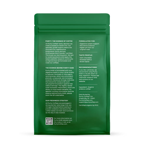 (12oz Purity Coffee EASE Low Acid Dark Roast Whole Bean Bag) | Specialty-Grade USDA Organic Arabica Blend | Third Party
