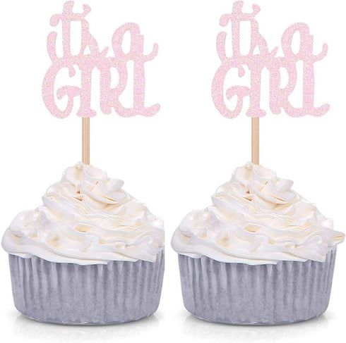 Pink Glitter It's a Girl Cupcake Toppers, Gender Reveal Party Baby Shower Decorations Picks, Set of 24