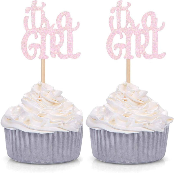 Pink Glitter It's a Girl Cupcake Toppers, Gender Reveal Party Baby Shower Decorations Picks, Set of 24