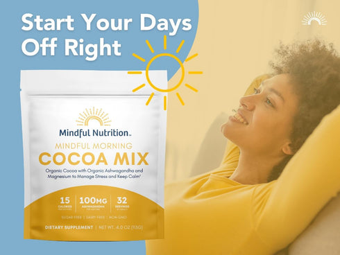 Mindful Morning Sugar Free Hot Chocolate Mix with Organic Ashwagandha and Magnesium Supplements to Relax the Mood
