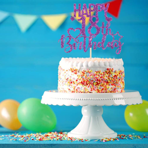 INNORU Purple Glitter Happy 18th Birthday Cake Topper - Cheers to 18 Years Birthday Party Decorations