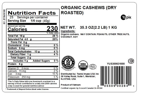 2.2 lb (35.2 oz), Yupik Organic Dry Roasted Cashews, Kosher, Gluten-Free, Non-GMO, Vegan, Crunchy Nuts, Unsalted