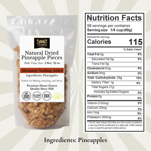 (2 lb) Traina Home Grown Dried Natural Pineapple Pieces No Sugar Added, Non-GMO, Gluten-Free, Kosher, Vegan, Healthy