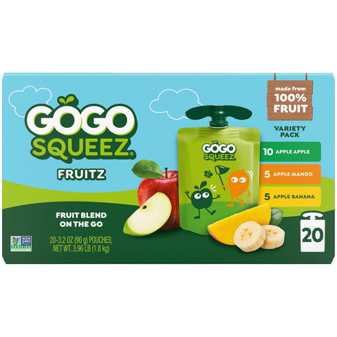 Pack, 3.2 oz (Pack 20), GoGo squeeZ No Sugar Added Applesauce and Fruit Puree Variety Apple, Mango & Banana, Pouches
