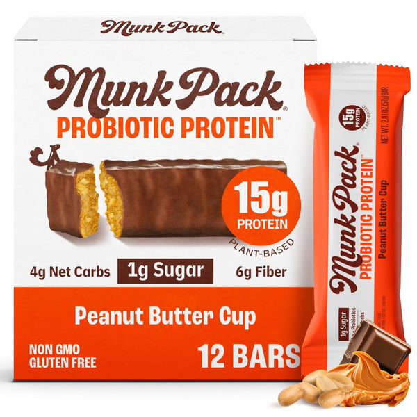 Munk Pack Peanut Butter Cup Probiotic Keto Protein Bars | 15g Plant