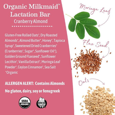 5 Count (Pack 2) Earth Mama Organic Milkmaid Lactation Bars, Cranberry Almond, USDA Certified Organic Breastfeeding