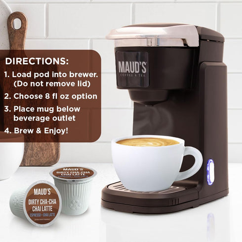 Maud's Espresso Chai Tea Pods Single Serve, 18ct | Dirty Cha-Cha Chai Tea Latte K Cups | 100% California Blended Tea
