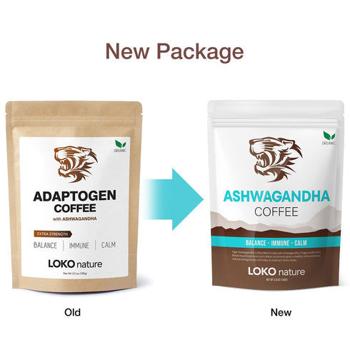 LOKO nature Tiger Ashwagandha Mushroom Instant Coffee with Arabica | Powerful Natural Ingredients Reishi, Chaga & Lion's mane | Adaptogen, Vegan, Antioxidants, Gluten-free - 30 servings