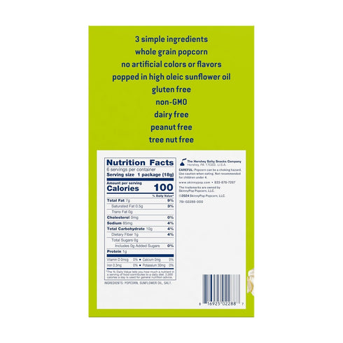 0.65oz (6ct) SkinnyPop Popcorn, Original, Whole Grain, Dairy-Free Snack, Bags
