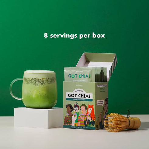 8 Got Chia! Mellow Matcha Dream Superfood Latte Mix, Sachets Matcha Chia Seeds Drink, Clean Label Instant Latte, Just