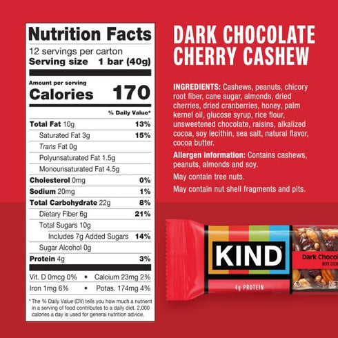 4g 12 Count KIND Healthy Snacks Bars, Dark Chocolate Cherry Cashew, Gluten Free, High Fiber Snacks, Protein