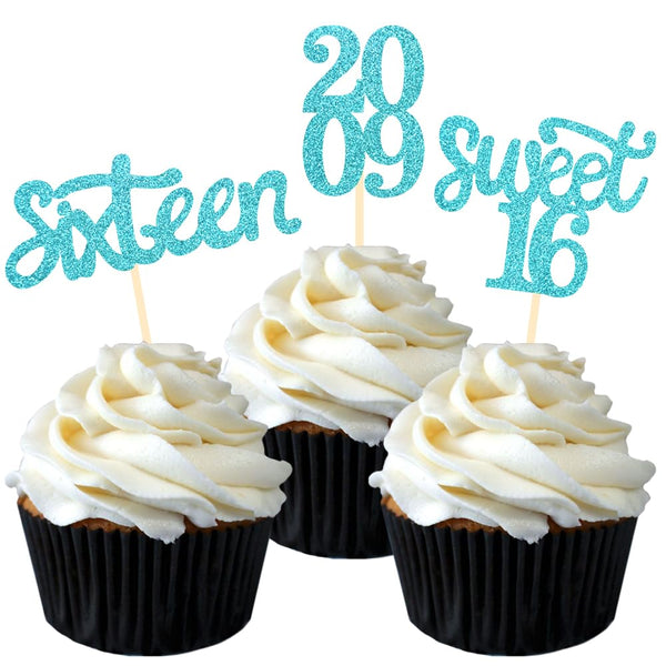 24 Pcs Sweet 16 Blue Glitter Birthday Cupcake Toppers for 16th Birthday Party Decorations