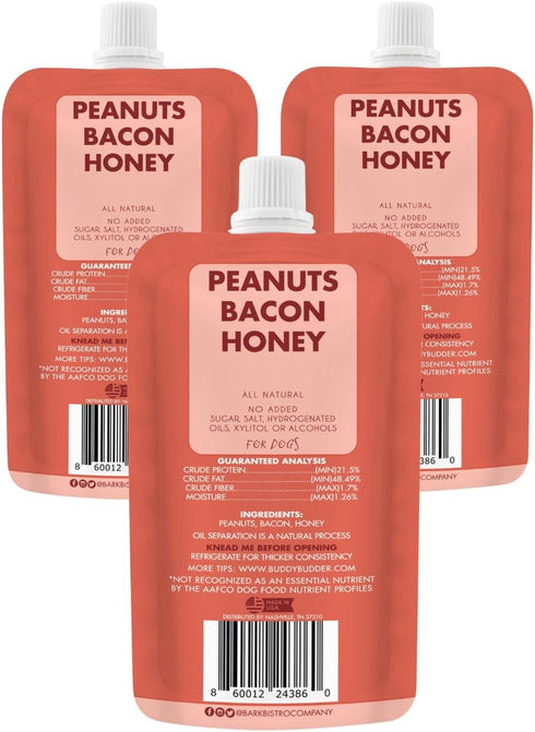 3 Pack, 4oz Packs BUDDY BUDDER Bangin Bacon Peanut Butter for Dogs, Squeeze