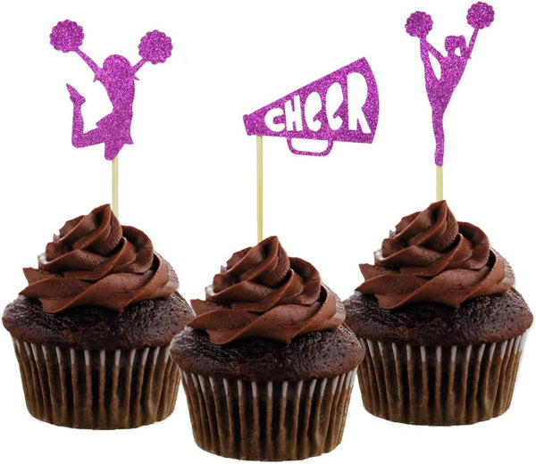 Morndew 24 PCS Purple Glitter Cheerleader Dance Horn Cupcake Toppers for Birthday Party Decorations
