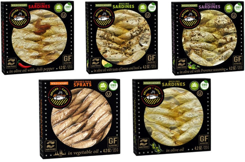 Grilled Catch - Canned Sardines Variety Pack 5 Flavor Sampler European Wild