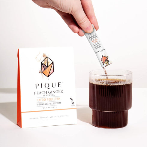 14 (Pack 1) Pique Organic Peach Ginger Tea Crystals - Caffeinated Black Tea For Energy, Prebiotic Polyphenols Support