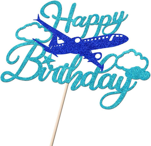Glitter Airplane Happy Birthday Cake TopperAirplane Birthday Party Decorations,Adventure Awaits,Boys Girls Men Plane
