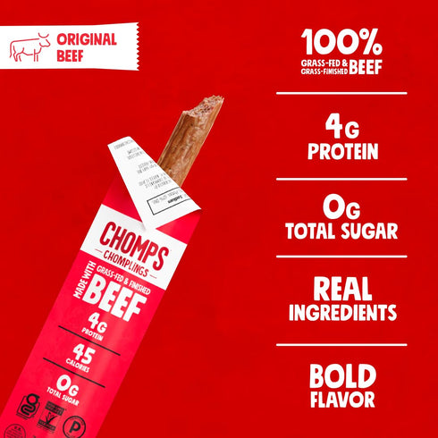 0.5 Oz, (Pack 6) Chomps Mini Grass Fed Beef Jerky Meat Snack Sticks Original Beef