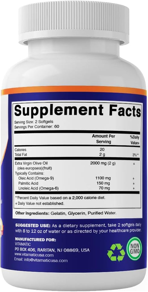 2000 120 6 9 Vitamatic Extra Virgin Olive Oil mg Per Serving Softgels | Great Source of Omega