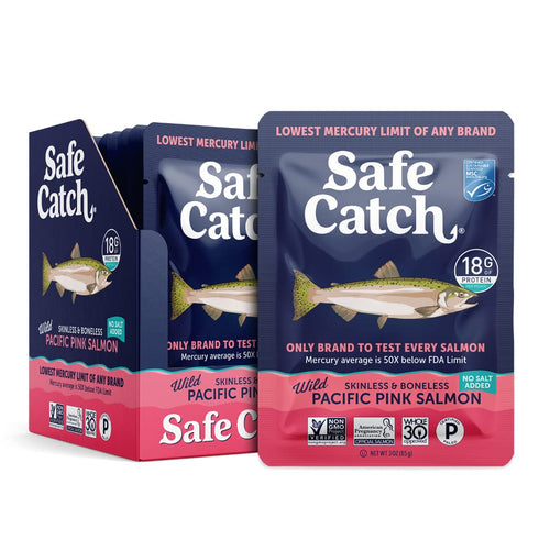 3oz Pack 12 Safe Catch Skinless and Boneless Wild Pacific Pink Salmon Pouch, No Salt Added, Mercury Tested, Kosher