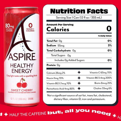 80mg 12 Pack ASPIRE Sweet Cherry, Healthy Energy Drink Natural Caffeine, Zero Sugar No Carbs Keto Friendly, Green Tea