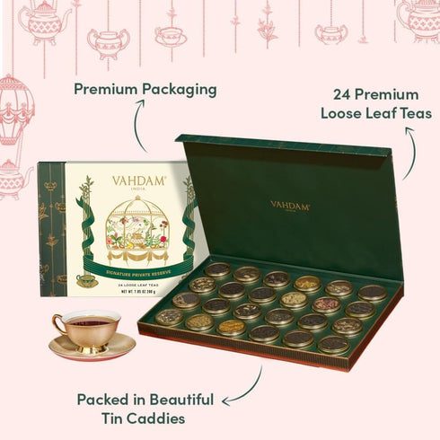 Set 24 VAHDAM, Luxury Tea Gift | Unique Loose Leaf Teas in Tin Caddies - Premium Tea Gift Box |Gluten Free & Non GMO |