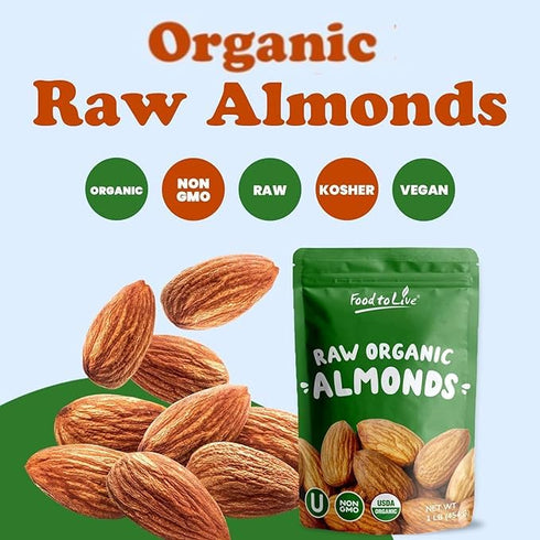 3 Food to Live Organic Imported Raw Almonds, Pounds Non-GMO, Whole, Raw, No Shell, Unpasteurized, Unsalted, Vegan
