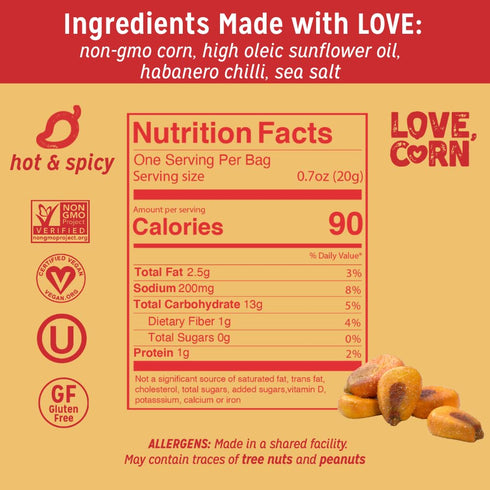 0.7oz 20 LOVE CORN Hot & Spicy Crunchy Roasted Corn Snack, Gluten Free, Non-GMO, Vegan, Kosher Lunchbox, Office