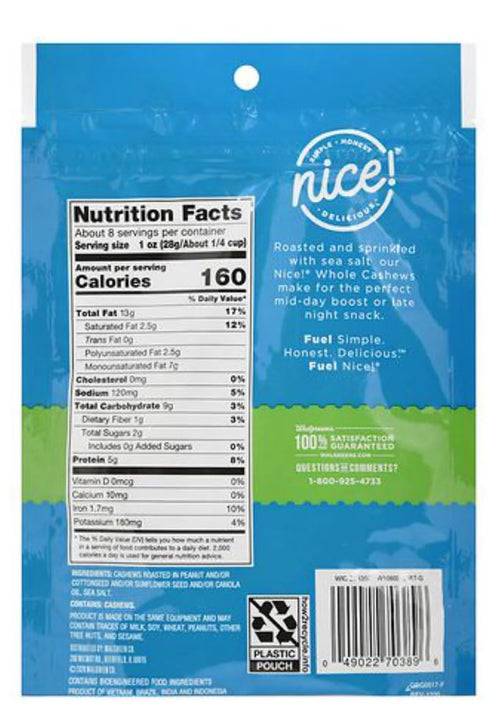 Generic 5g 160 Nice! Roasted Whole Cashews with Sea Salt, Premium Quality Nuts, Protein per Serving, Calories