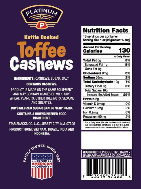 Platinum 13 oz Toffee Cashews - Plant Based Protein, Fiber, Healthy Snack - Roasted & Sweet Flavors - Nutritional Boost