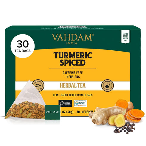 VAHDAM Turmeric Spice Herbal Tea Bags (30 Count), Caffeine-Free, Non-GMO, Gluten-Free, 100% Pure Herbal Tisane - Savory