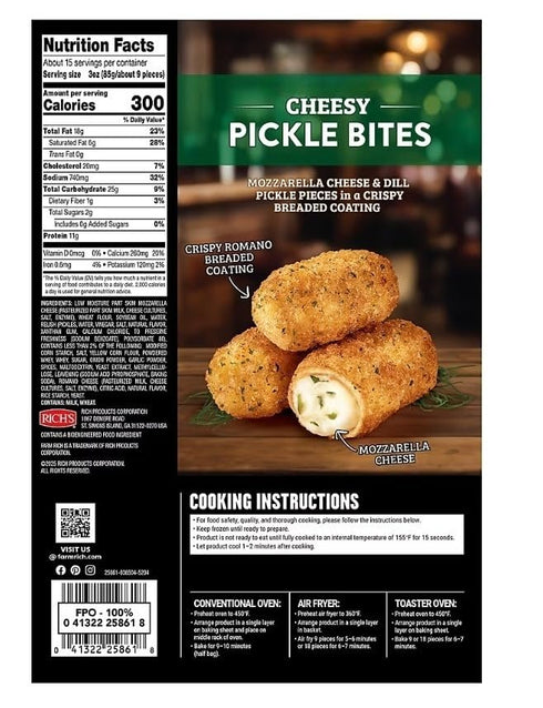 Generic Mozzarella mozzarella Cheesy Pickle Bites, Cheese, Crispy Breading , Brings the crunch! Farm Rich Cheesy Pickle