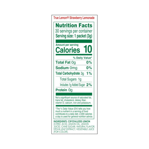 30ct (Pack 1) Packets True Lemon Strawberry Lemonade of - Drink Mix - No Artificial Sweeteners, Low Calorie - Powdered